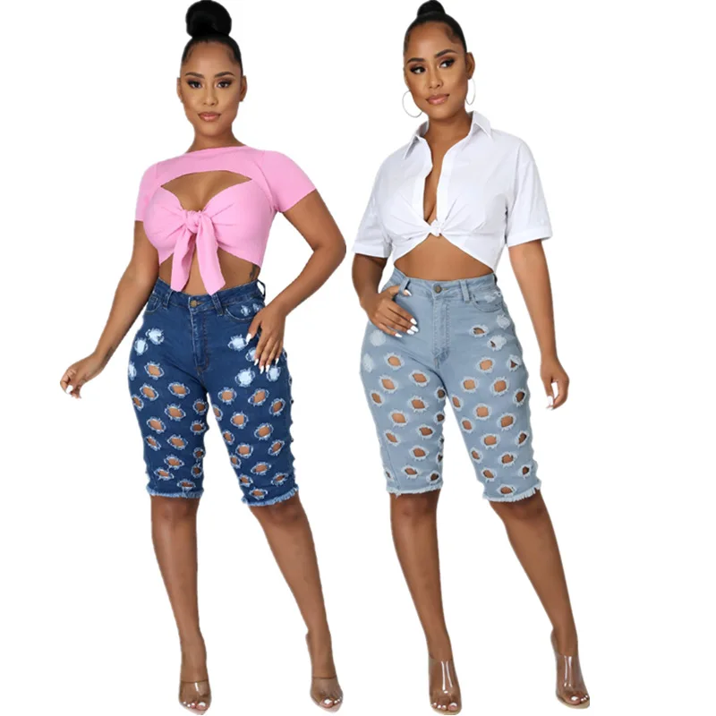 

Fashion Women's Washed Ripped Hole Pants Summer Knee Length Hollow Out Short Jeans