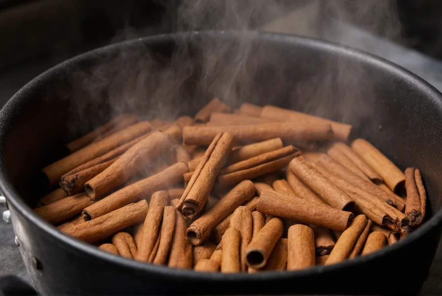 Close-up of cinnamon sticks simmering in a small pot with steam rising