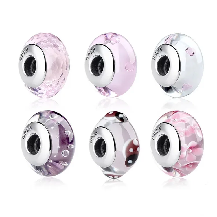 

925 Sterling Silver Series Pink FColorful Lampwork Glass Bead Murano Charm Fit Pan Bracelet Bangle Women Girl SCZ003