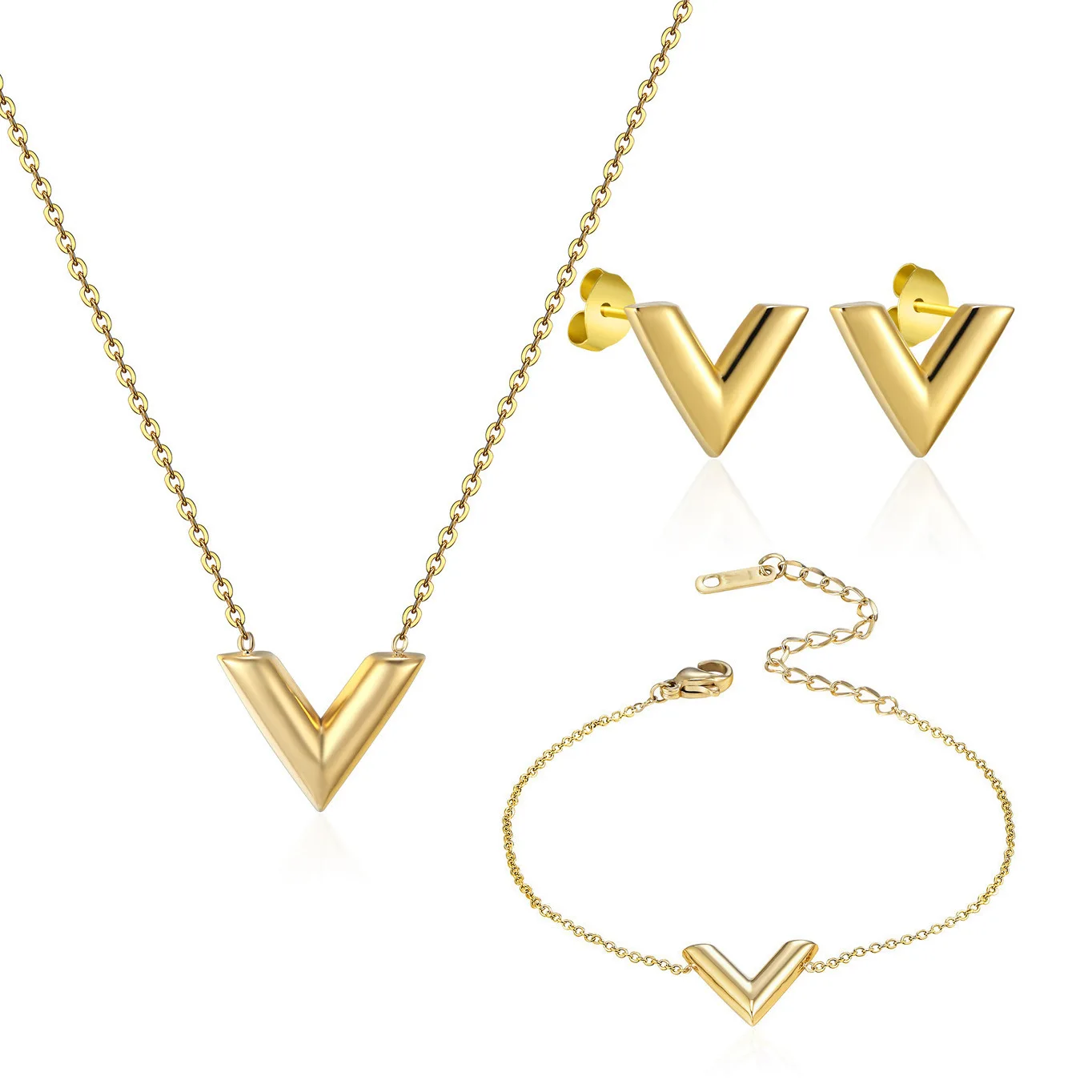 Waterproof Stainless Steel Gold Accessories Wholesale Classic V-Shape Pendant Necklace Earrings and Bracelet Jewelry Set