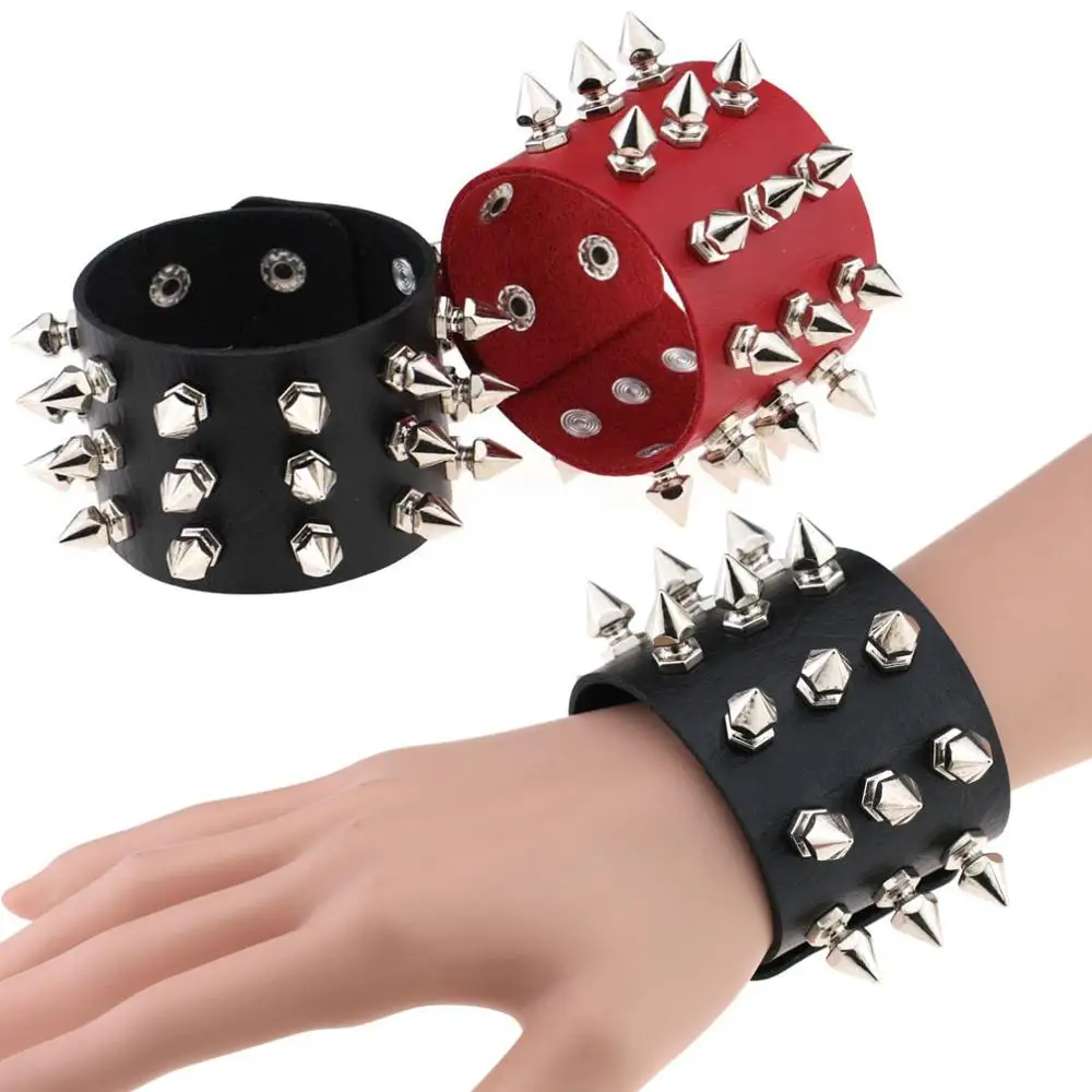 

14colors Punk alternative exaggerated bracelet tapered point rivet three layer leather bracelet, 15 colors