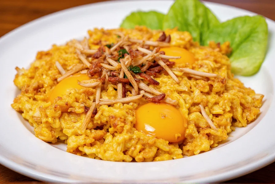 Chili crisp scrambled eggs with golden yolks and crispy shallots on white plate