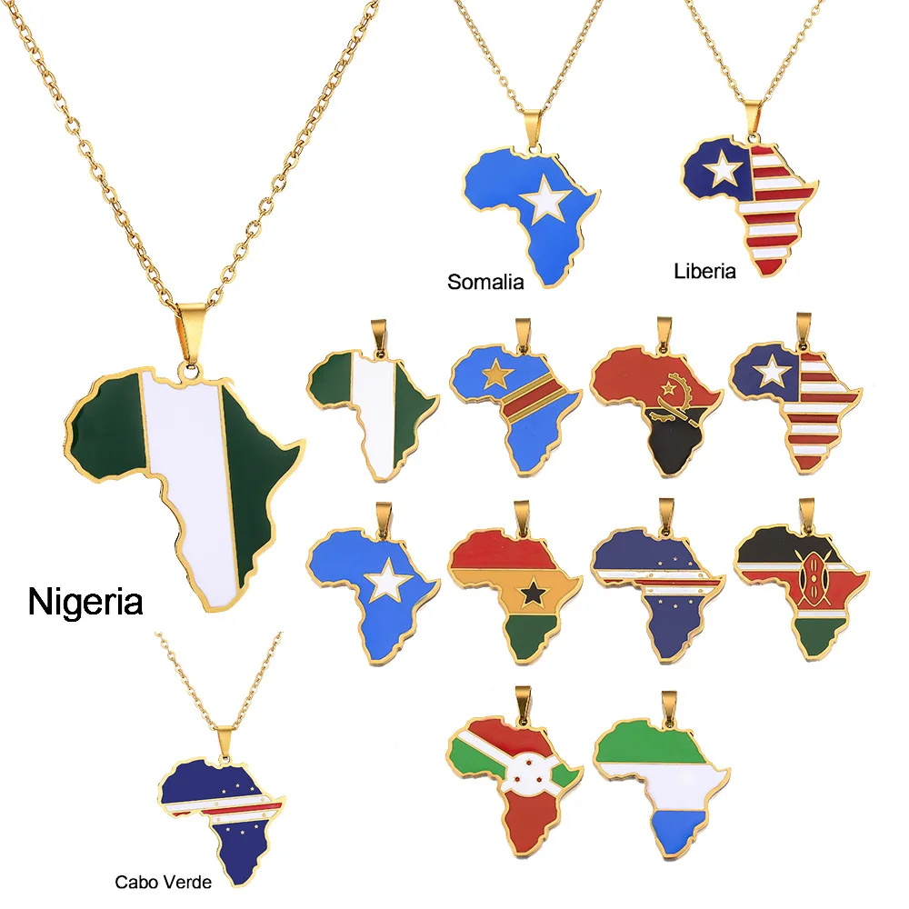 

China Factory Stainless Steel Jewelry Africa Map Pendant Necklace Enamel Jewelry African Country Map Chain Necklace
