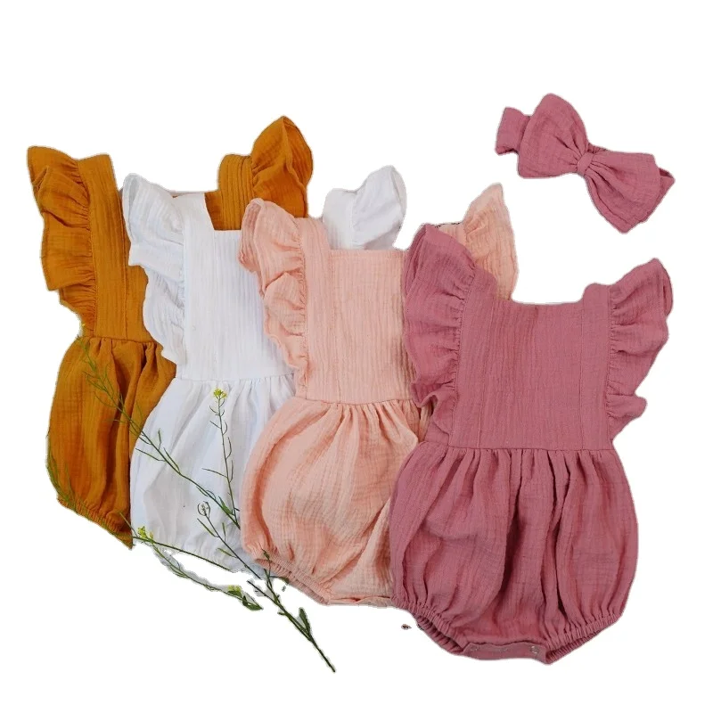 

Organic Cotton Baby Girl Clothes Summer New Double Gauze Kids Ruffle Romper Jumpsuit Headband Dusty Pink Playsuit For Newborn, Picture shows