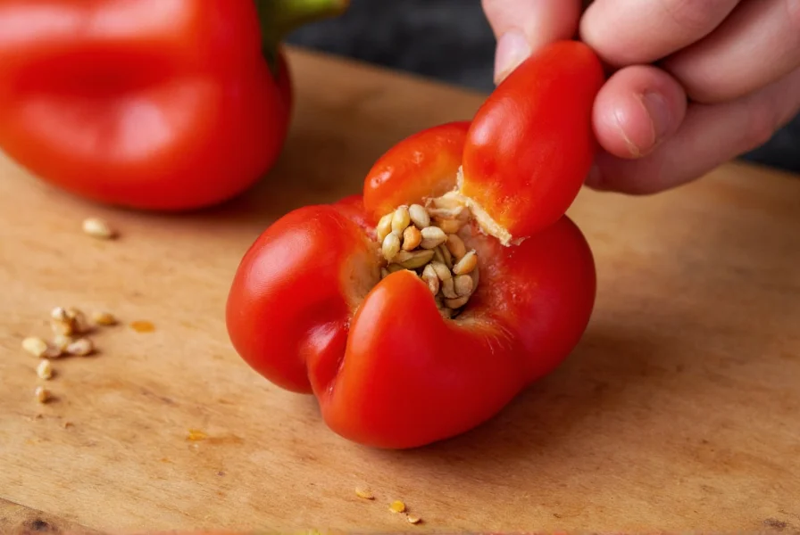 Close-up of red bell pepper seeds being carefully removed from mature pepper fruit on wooden table
