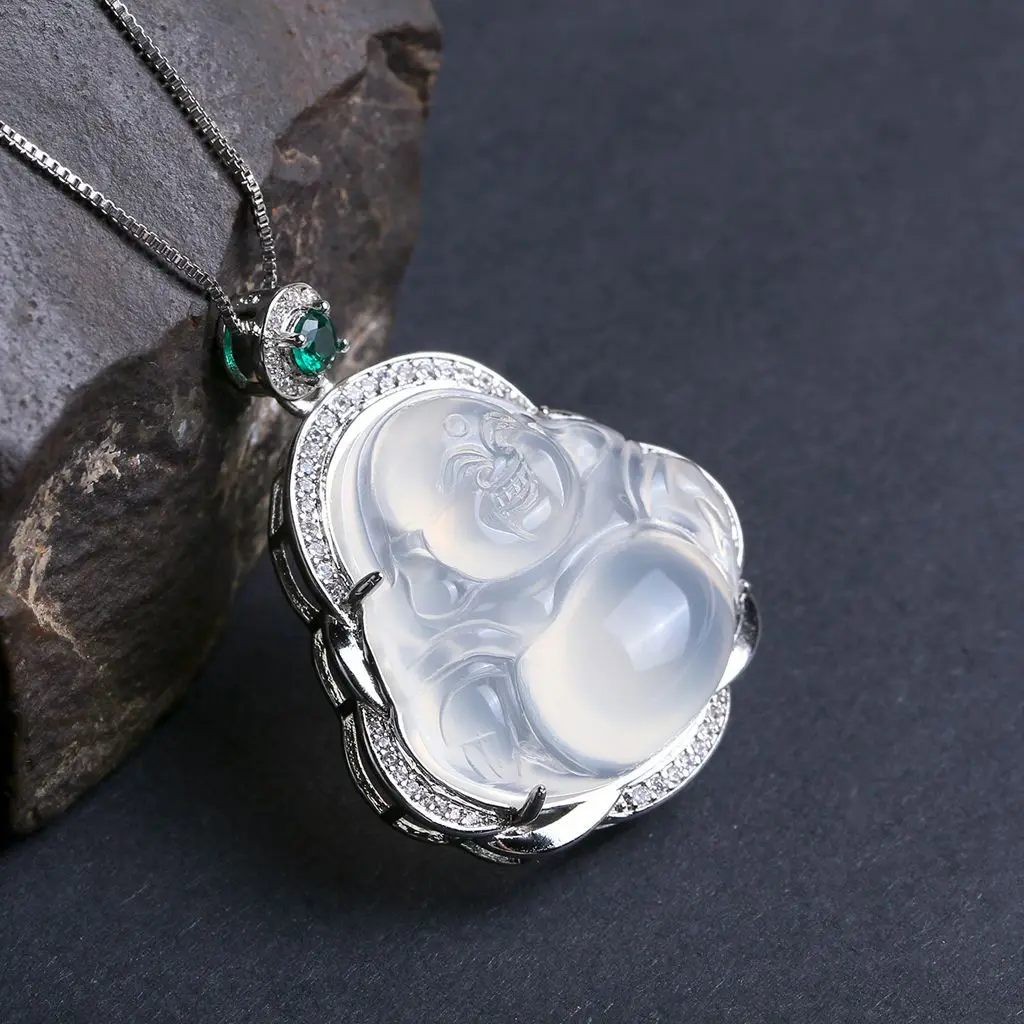 

S925 Sterling Silver Dahlia Laughing Buddha Jade Pendant Necklace, Gold, silver