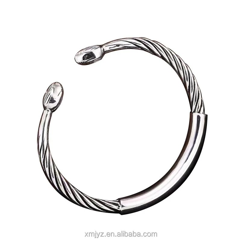 

Certified S990 Pure Silver Twist Glossy Bracelet Solid Sterling Silver Opening Bracelet Retro Ethnic Style Silver Bracelet