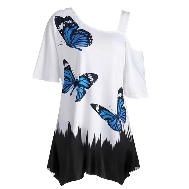 

Fashion Summer Butterfly Print Single Shoulder Ladies T-shirt Women Short Sleeve T-shirts, As picture