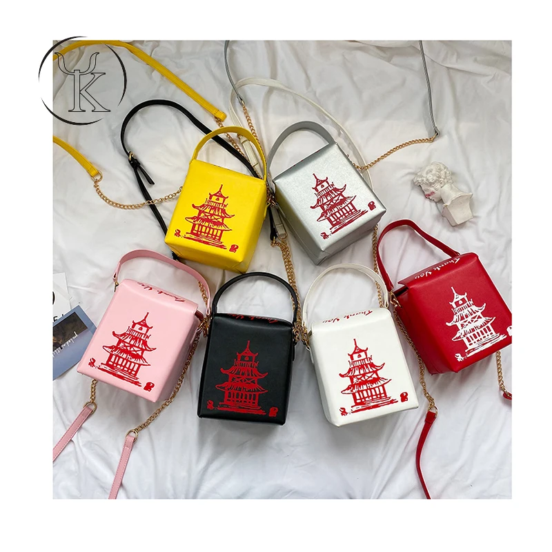 

Women Mini Size Bucket Handbag Novelty Cute Red Iron Tower Printing Shoulder Tote Bag Creative Chinese Style Chain Messenger