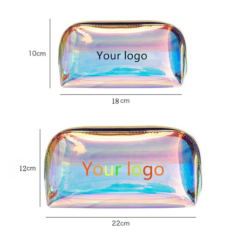 

Low MOQ Custom Logo Clear Transparent Holographic Makeup Bag Make Up Pouch TPU Cosmetic Bags For Women, Rainbow