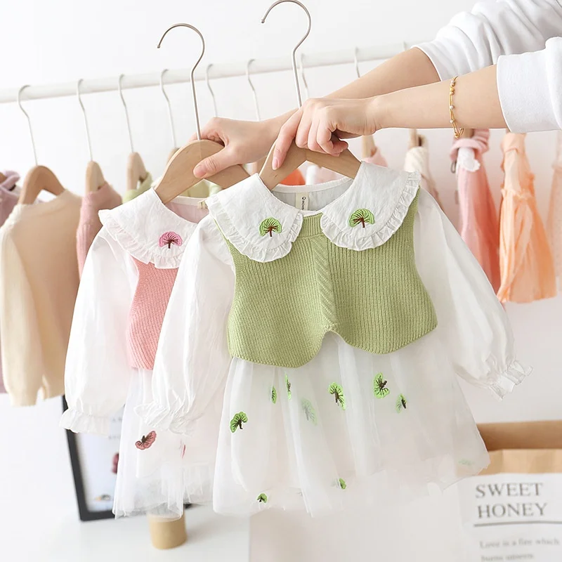 

B52078A Baby girls fashion sweet two-piece set lovely waistcoat with dress, Show