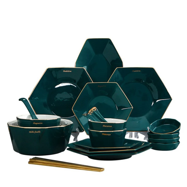 

New Product Ideas green gold rim 10/12/18/25/32/48/56pcs porcelain Plates Sets Dinnerware fine Ceramic Crockery Tableware