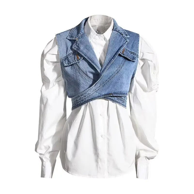 

Oudina Fashion Hot Sale Two Piece Sets Shirts Blouses And Tops Irregular Denim Vest Puff Sleeve Shirt Loose Blouse Women, White
