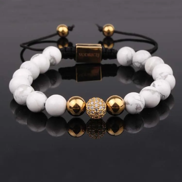 

Custom logo natural howlite stone white CZ disco ball macrame bracelet men women