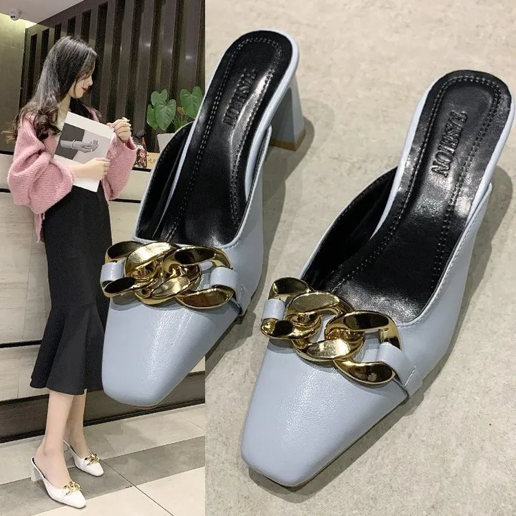 

2021 new Square head wrap head half slippers metal chain chunky heel sandals high heel slippers women's fashion shoes, Black, white, yellow, blue
