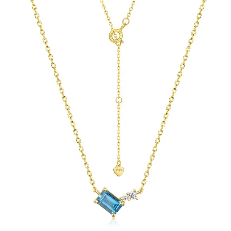 

Elegant 925 Sterling Silver Natural Gemstone Necklace Lady Luxury Gold Plated London Blue Topaz Necklace