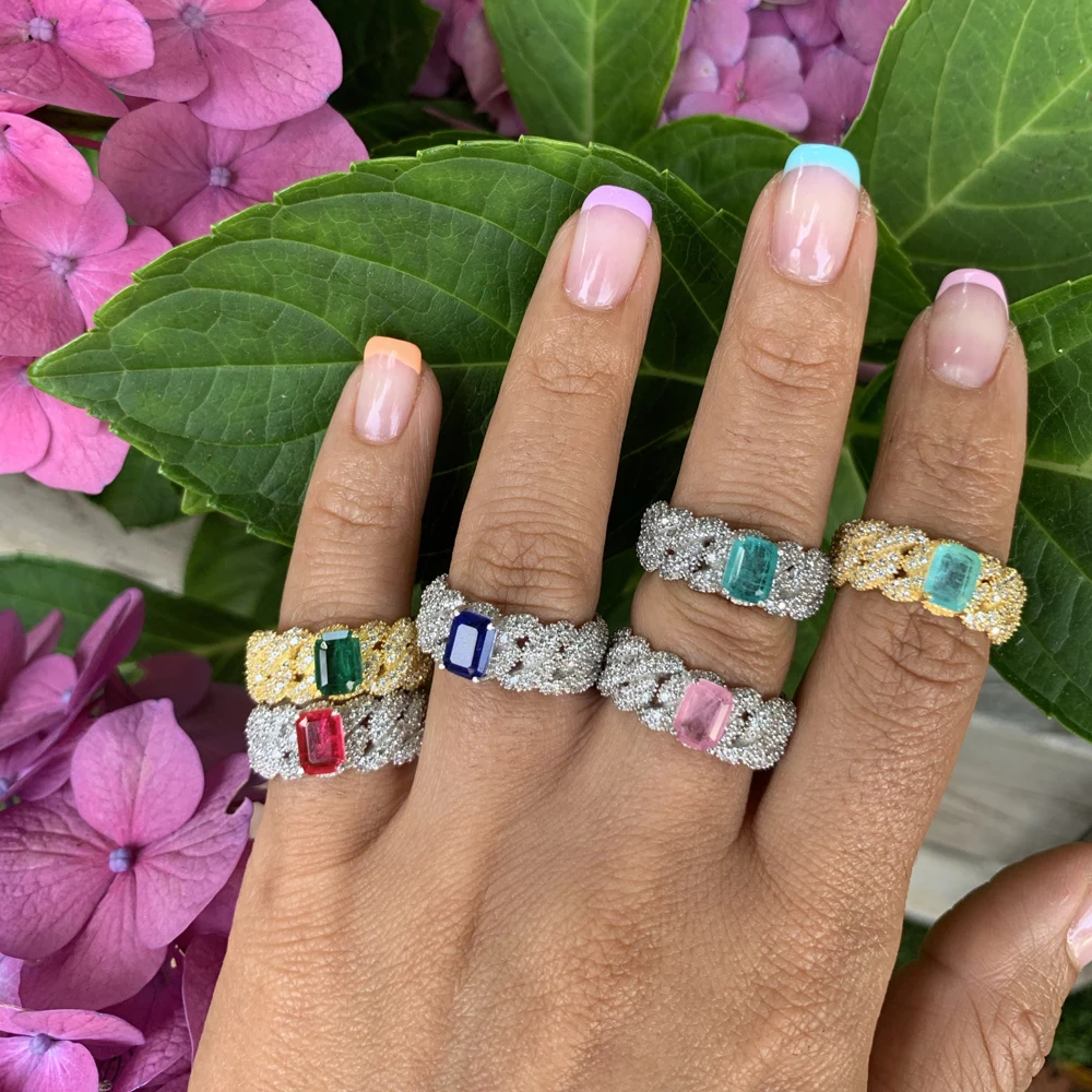 

big rectangle birthstone cz cuban link chain band iced out bling full finger cuban eternity band women ring, Customized