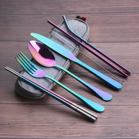 

Reusable utensils portable travel Magic color titanium cutlery 7pcs tableware set with knife fork spoon straw chopsticks brush