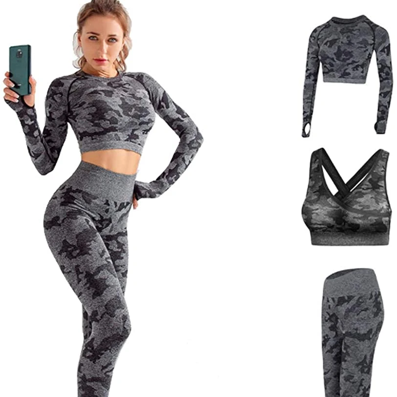 

New Fashion Women 3 piece Camo Seamless Sportswear camouflage Workout Clothing Fitness yoga wear, Custom color