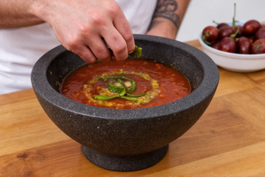 Chef preparing fresh salsa with red and green Fresno chilies in a traditional molcajete