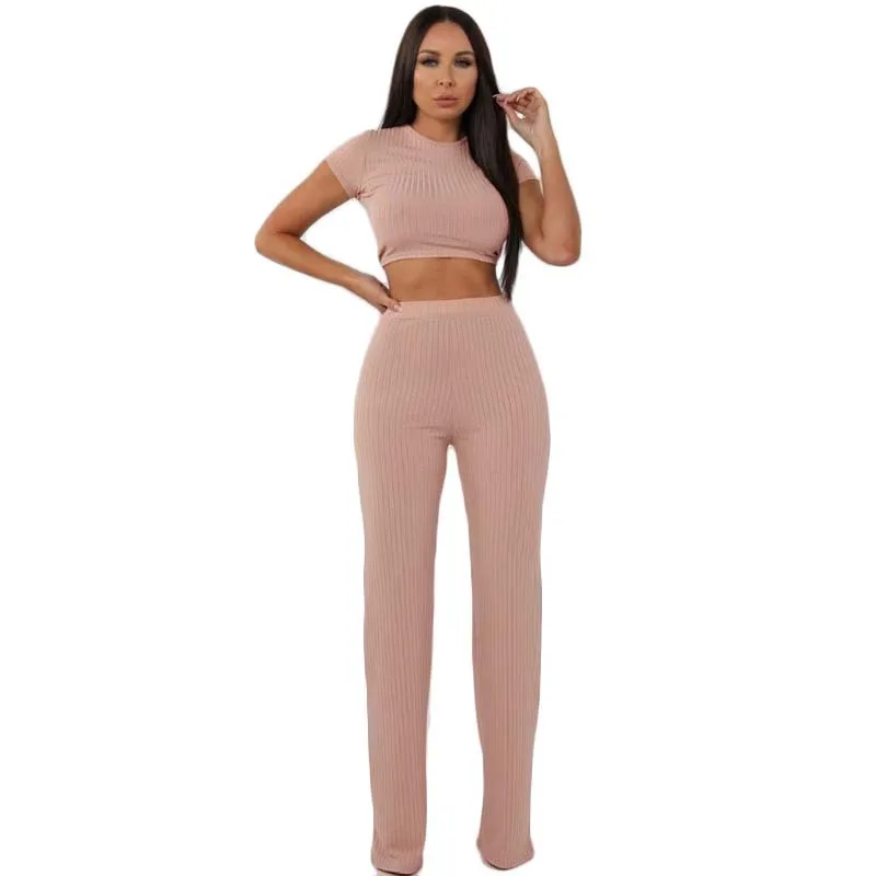 

2020 new arrivals summer designs fashion trending women knitted casual two pieces top with full length trousers set