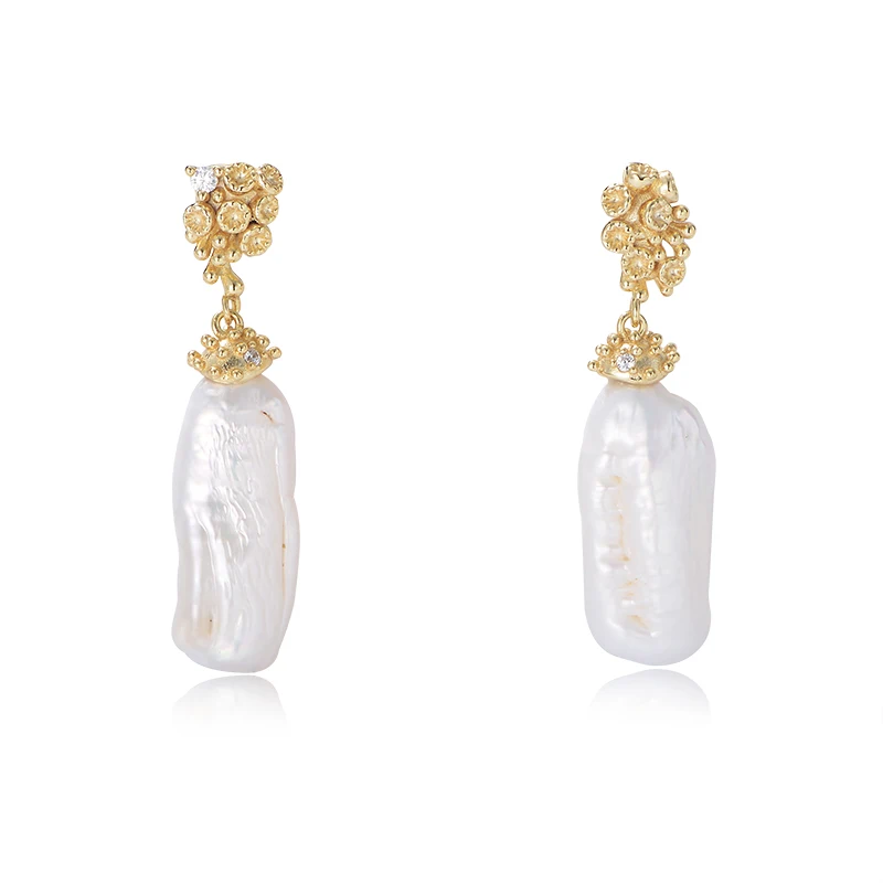 

luxury Vintage irregular Baroque freshwater pearl psj S 925 Sterling silver 14k gold plated Cubic Zircon Drop Earrings