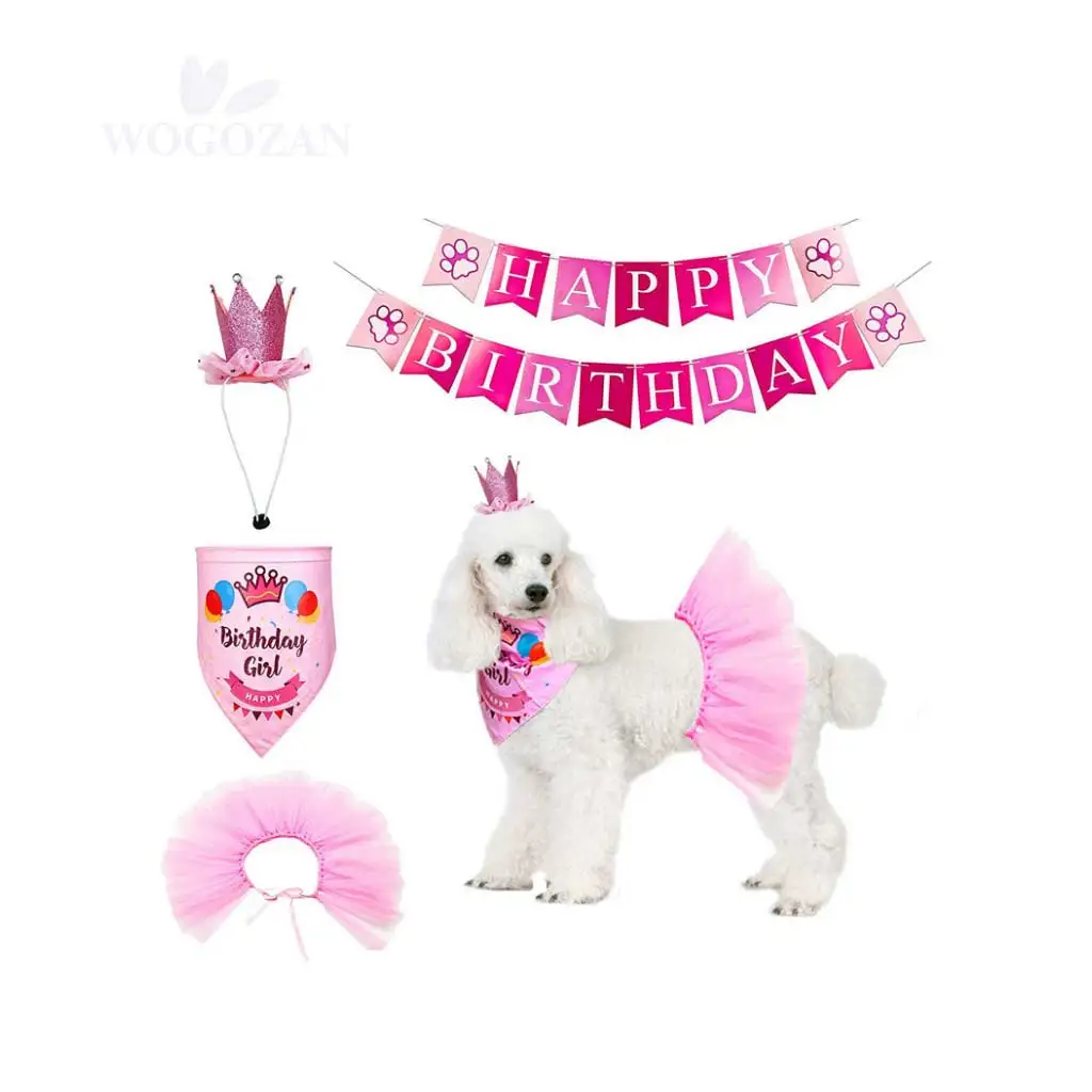 

Pink Dog Happy Birthday Party Set Decoration Banner Crown Hat Flag Adjustable Tutu Skirt Scarf Bandana Pet Girl Dog Birthday