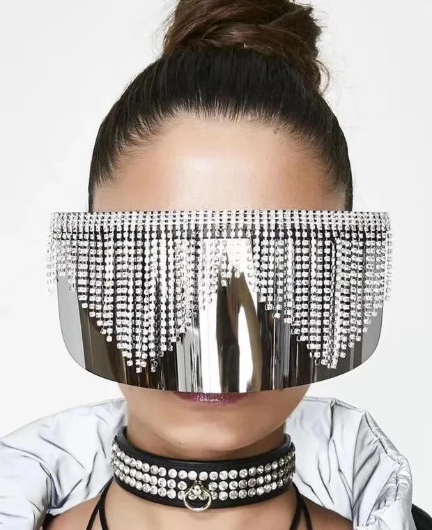 

YY6890 Luxury Rhinestone Studded Oversized One-piece Windproof Flat Top Sunglass, As picture