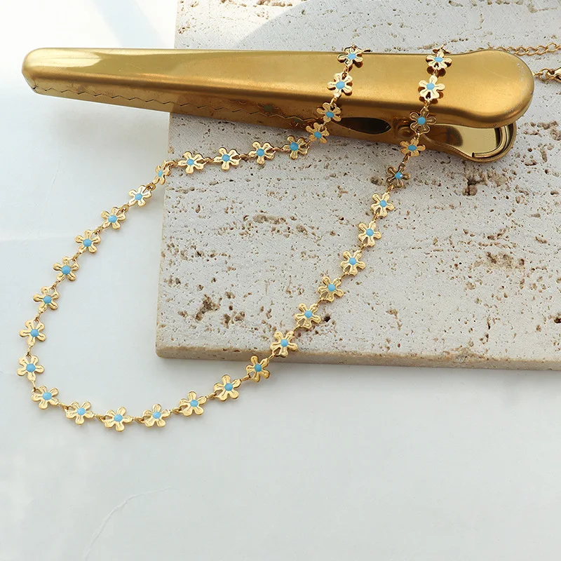

vintage trendy jewelry 18k gold plated stainless steel blue enamel flower chain choker necklace and bracelet set YF2678