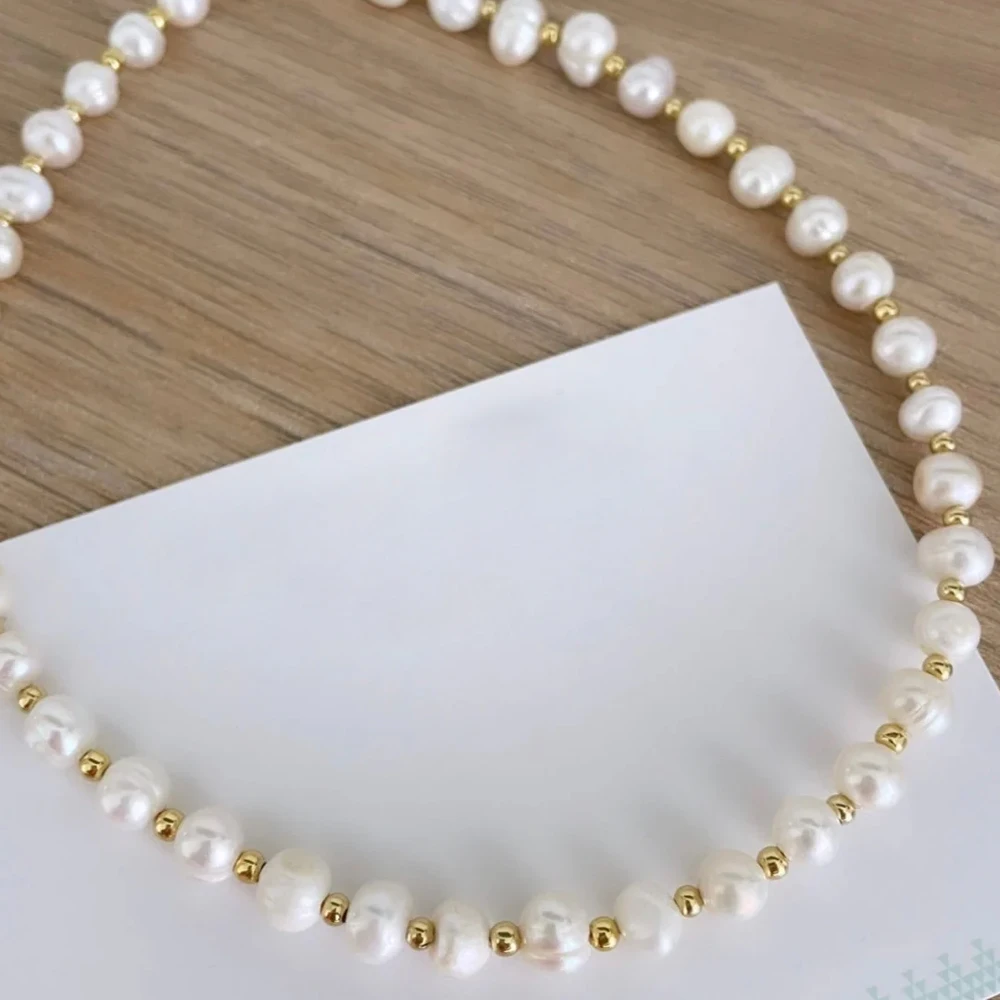 

Go2boh Natural Fresh Water Pearl Gold Bead Chain Choker Necklace For Women Boho Summer Fashion Jewelry