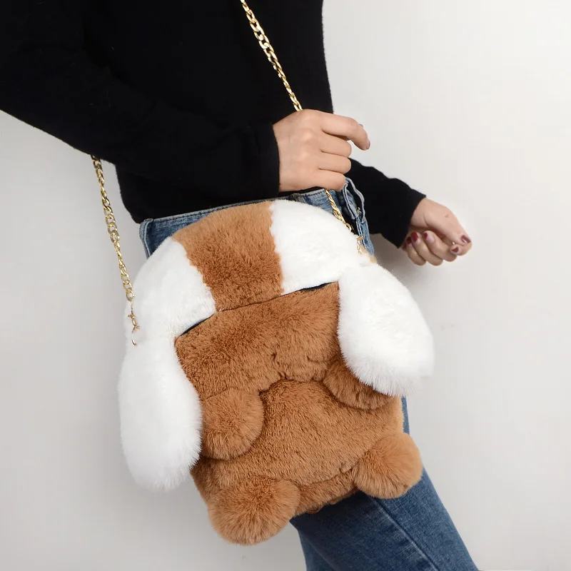 

2020 Fashion Cute Plush Handbag Female Single-Shoulder Crossbody Bags Chain Imitation Rex Rabbit Puppy Bag