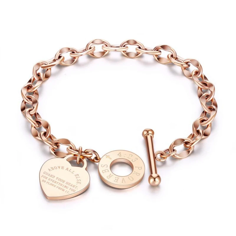 

New Trendy Wholesale Titanium Steel O-chain Love Heart Bible Proverbs 4:23 Bracelet For Women, Gold rose gold titanium