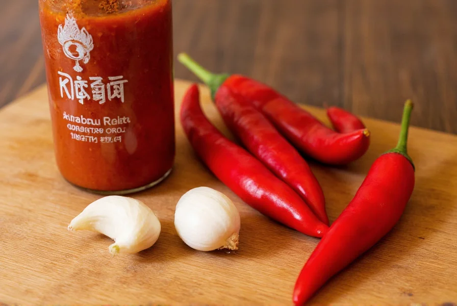 Close-up of sambal oelek bottle next to fresh red chilies and garlic cloves on wooden cutting board