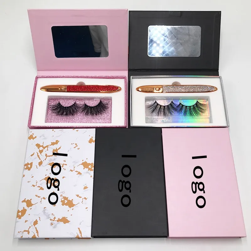 

Wholesale Custom Eyelash Packaging Box Set Clear Mirror Full Strip 3D Mink Lashes with Adhesive Eyeliner Glue Pen, As pics show