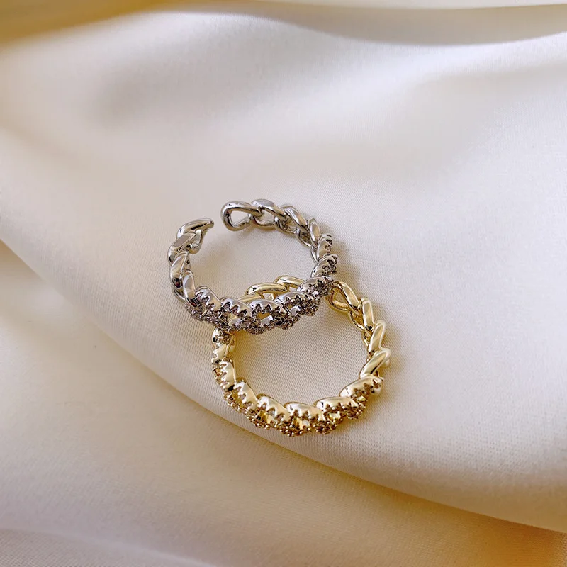 

18K Gold Plating Pave CZ Crystal Link Chain Finger Rings Rhinestone Rope Chain Open Rings