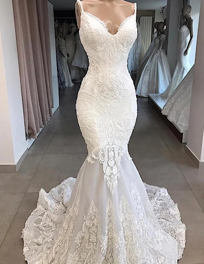 

Hign-end Beaded Wedding Gown Spaghetti Strap Backless Mermaid Wedding Dress