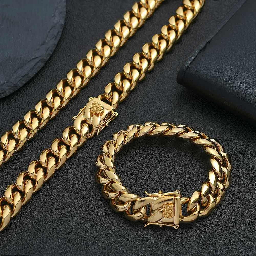 

Men Stainless Steel Bracelet 18K Gold Plated Miami Cuban Link Charm Bracelet For Men Pulsera Acero Inoxidable, Gold/silver color