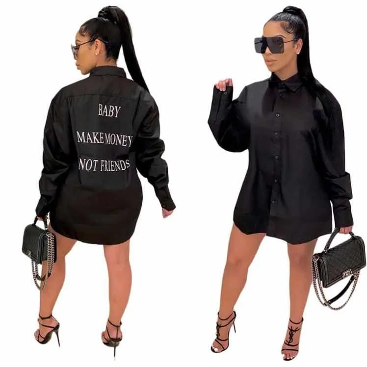 

Fast Shipping Letter Print Long Sleeve Black Women clothing Dresses