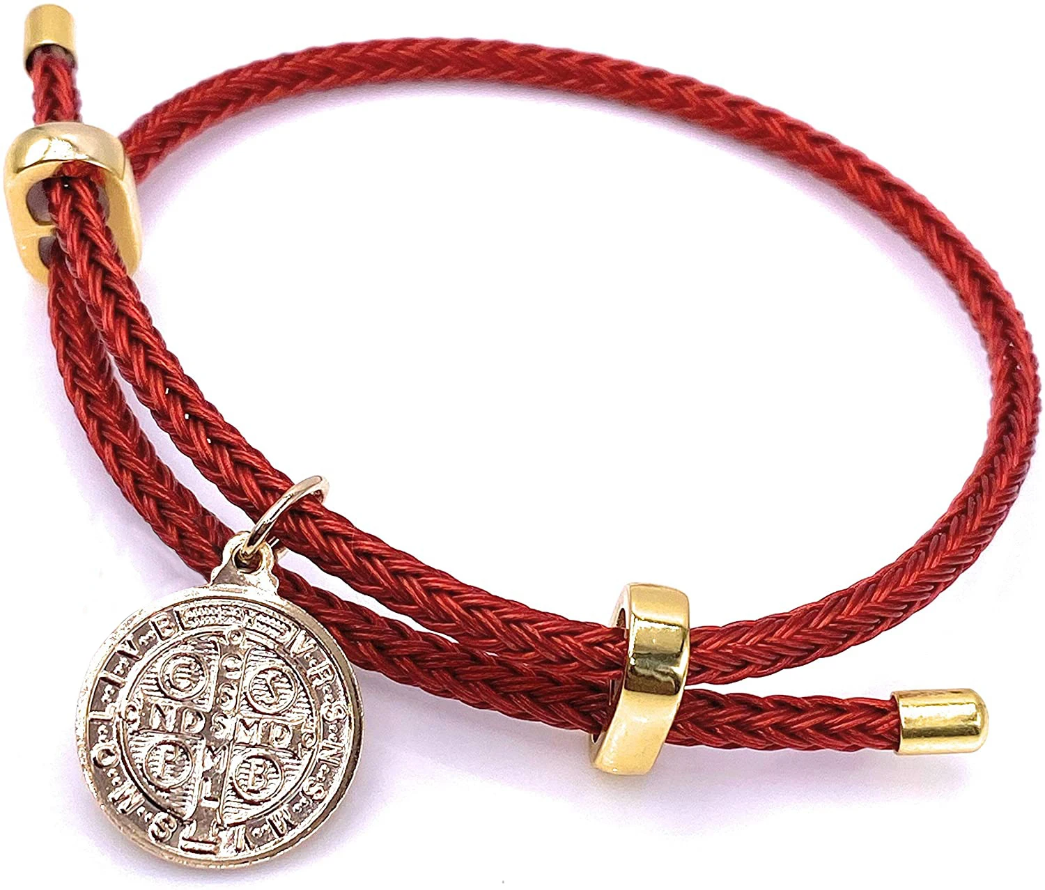 

Lotus 18k gold plated Saint Benedict Red String Charm Adjustable Bracelet, Gold/silver