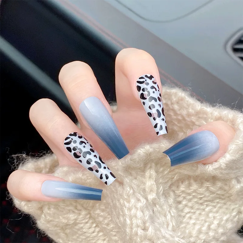

Super long blue and white gradient nails fashion detachable ballet nail patch with cow print, Multi color