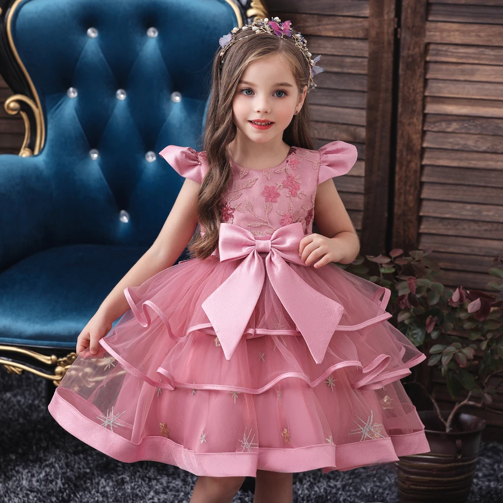 

Children's bow sequined prom wedding bridesmaid dress girl flying sleeves multi-layer mesh princess dress