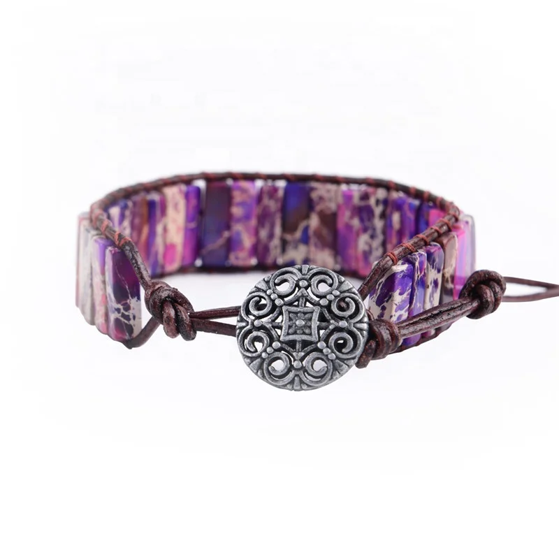 

Women Gemstone Leather Wrap Bracelet Imperial Jasper Stone Beads Jewelry Charms Handmade Friendship Bracelets