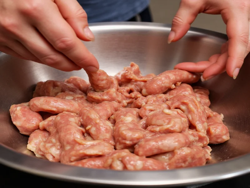 Hands mixing chicken sausage meat in stainless steel bowl