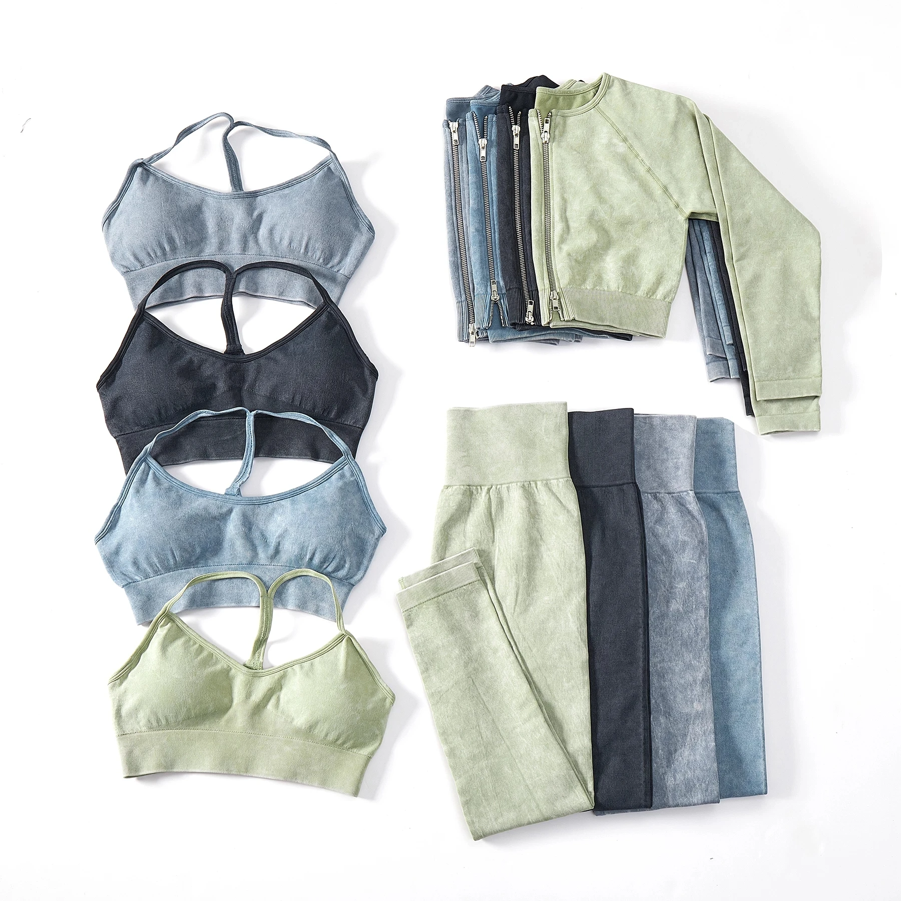 

5pcs jeans-style front zipper Acid wash seamless workout yoga set Sports Bra and Leggings Set for Women, Solid color