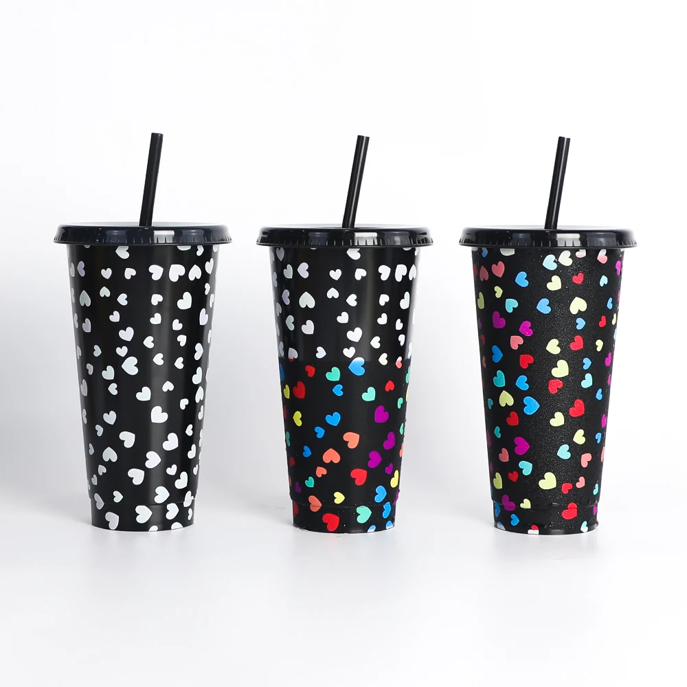 

Factory Price 24oz Reusable Cold Color Changing Heart Shape Tumbler PP Plastic Juice Coffee Cup With Lid Straw, Customized color plastic pp cup