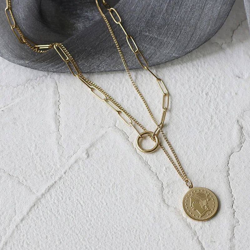 

2021 New Trendy Layered Link Chain Necklace Set 18K Gold Link Choker With Gold Coin Chain Set, Gold/silver/rose gold