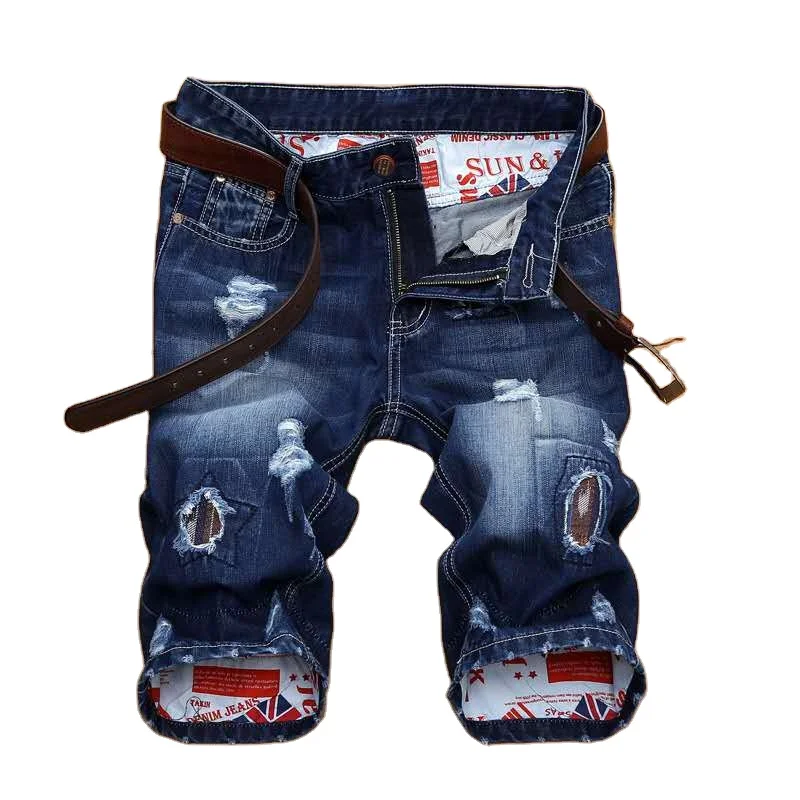 

2022 High quality summer denim ripped shorts male jeans men short pants Young jeans fit breathable five trousers, Light blue