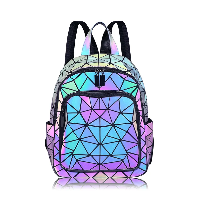 

Women Ladies Leather Backpack New Fashion Luminous Geometric Diamond Lattice Drawstring Backpacks/, 4 gradient colors