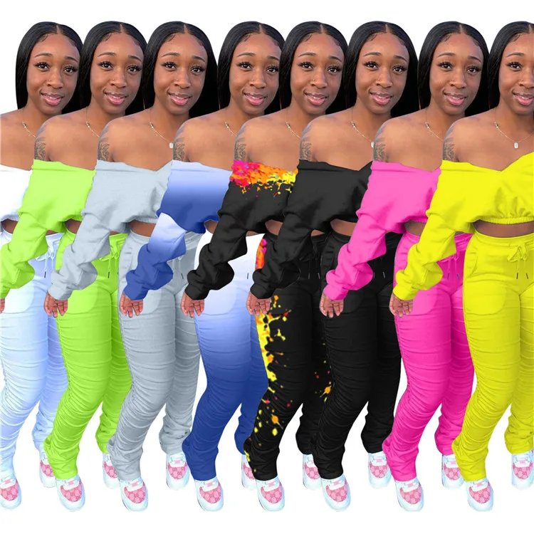 

Women Long Bat Sleeve Stacked Pants Set Ladies Sexy Casual Wear Should Off Shirt Two Piece Tracksuit Women Clothing