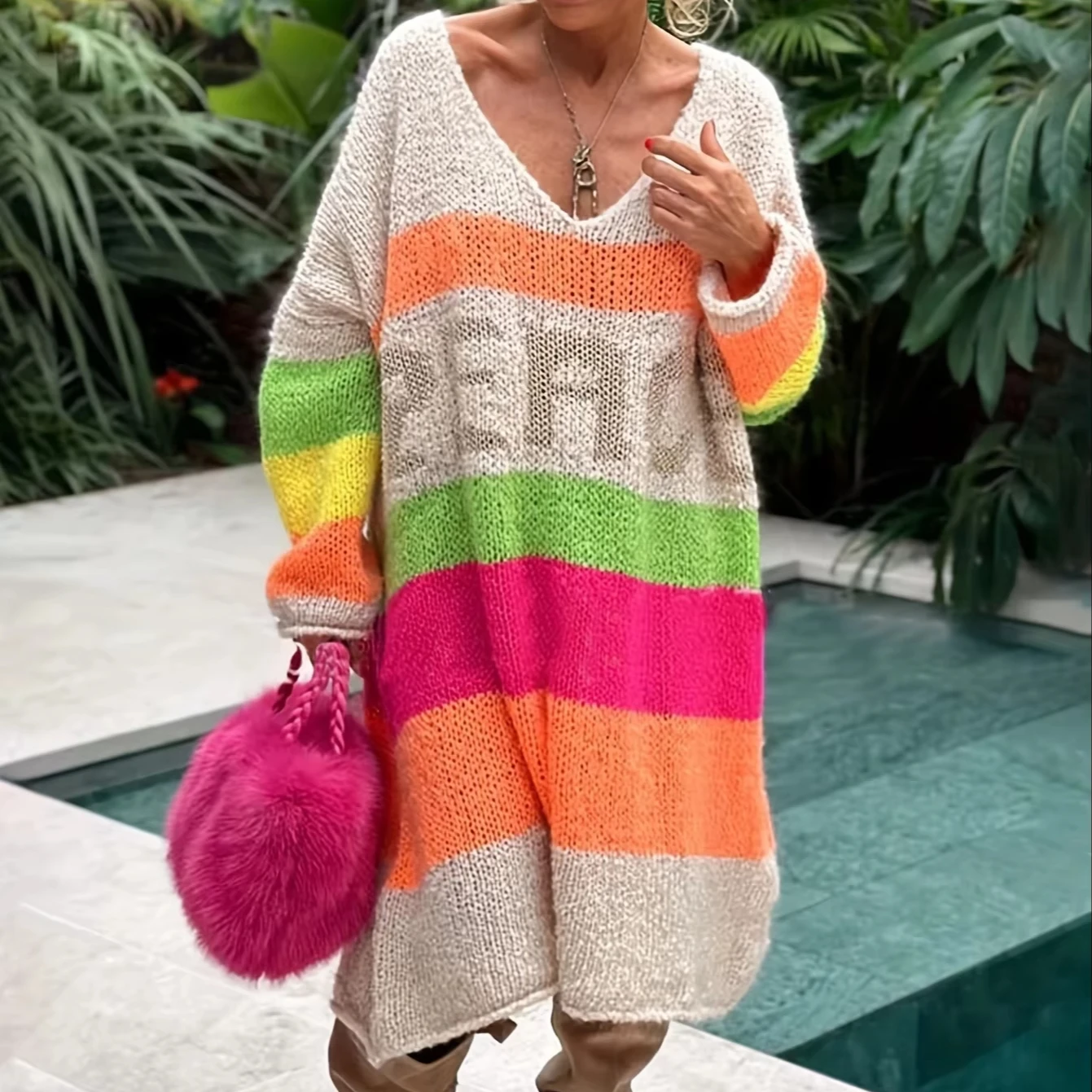 Wholesale Professional Pattern Color Block Crew Neck Casual Women's Knitted Sweater Dress Regular Winter Front Logo